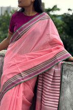 Pink Bengal Cotton Saree with Multicolor Borders