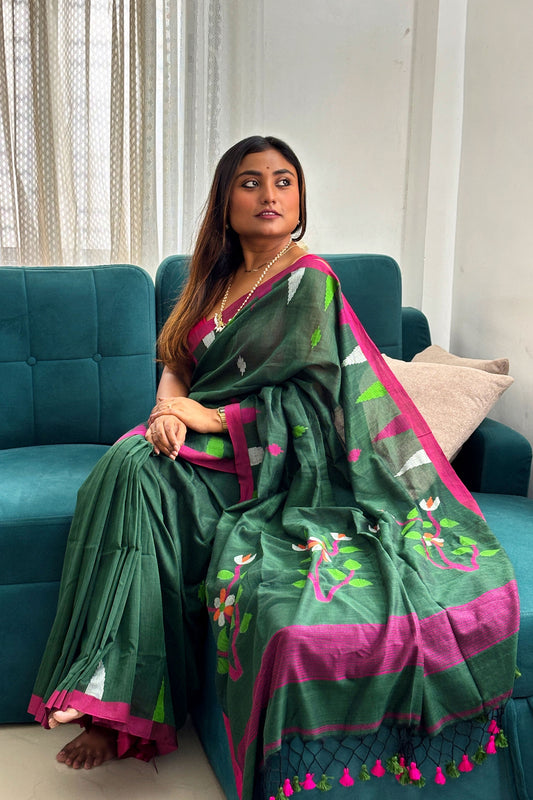 Bottle Green Cotton Purely Handloom Needle Woven Jamdani Saree with temple border
