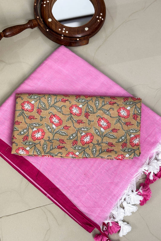 Summer Basics- Pink Saree with Beige floral handblock blouse
