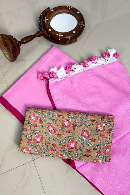 Summer Basics- Pink Saree with Beige floral handblock blouse