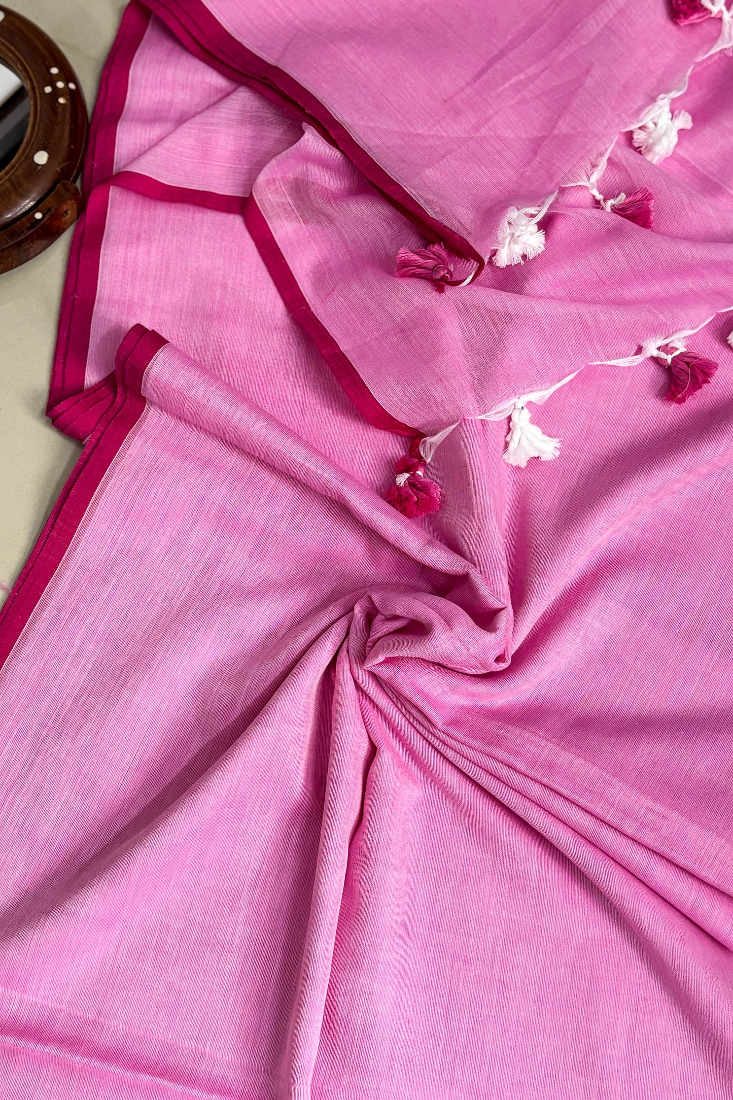 Summer Basics- Pink Saree with Beige floral handblock blouse
