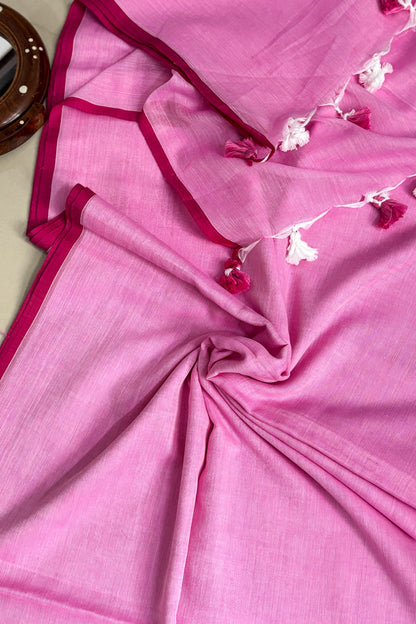Summer Basics- Pink Saree with Beige floral handblock blouse