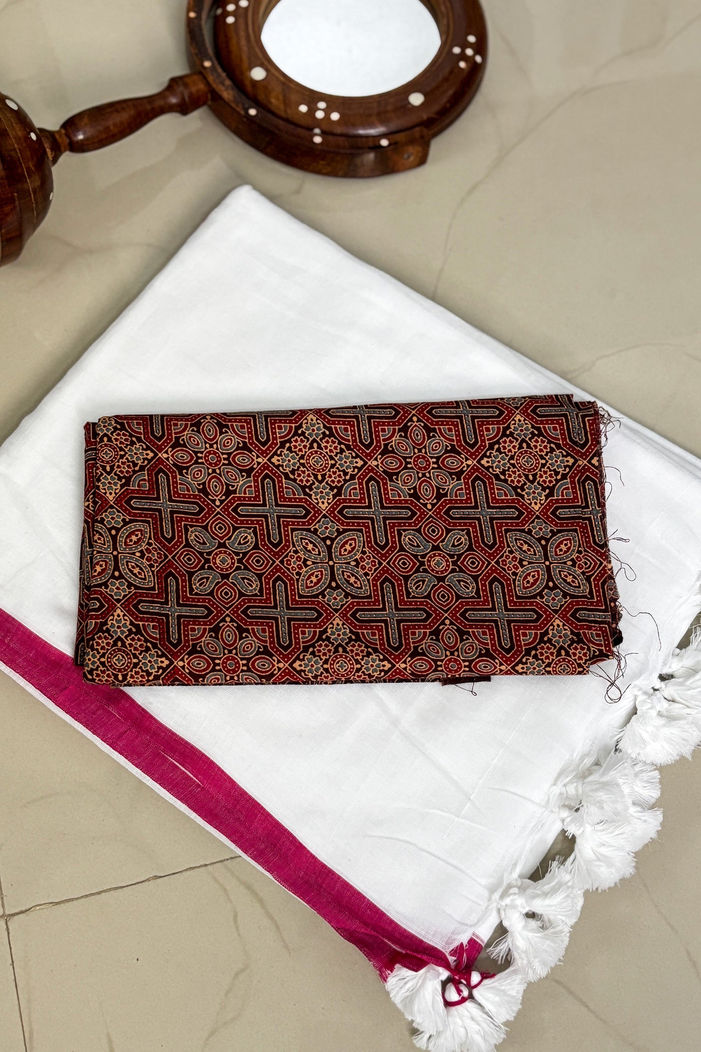 Summer Basics- White pink saree with Rust handblock blouse