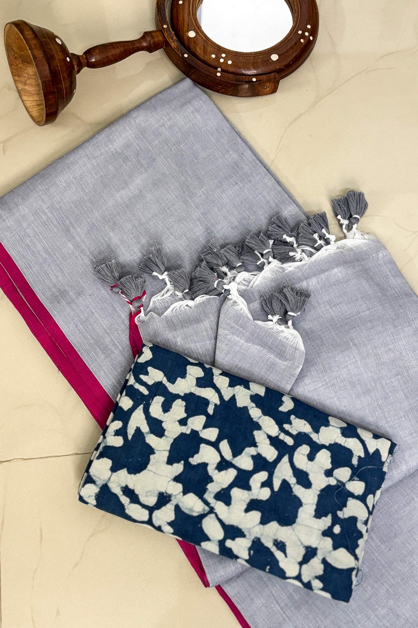 Summer Basics- Bluish Grey saree with Indigo handblock blouse