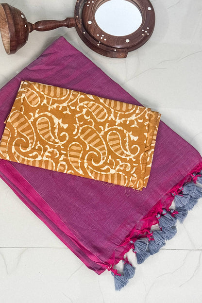 Summer Basics- Magenta saree with mustard handblock blouse
