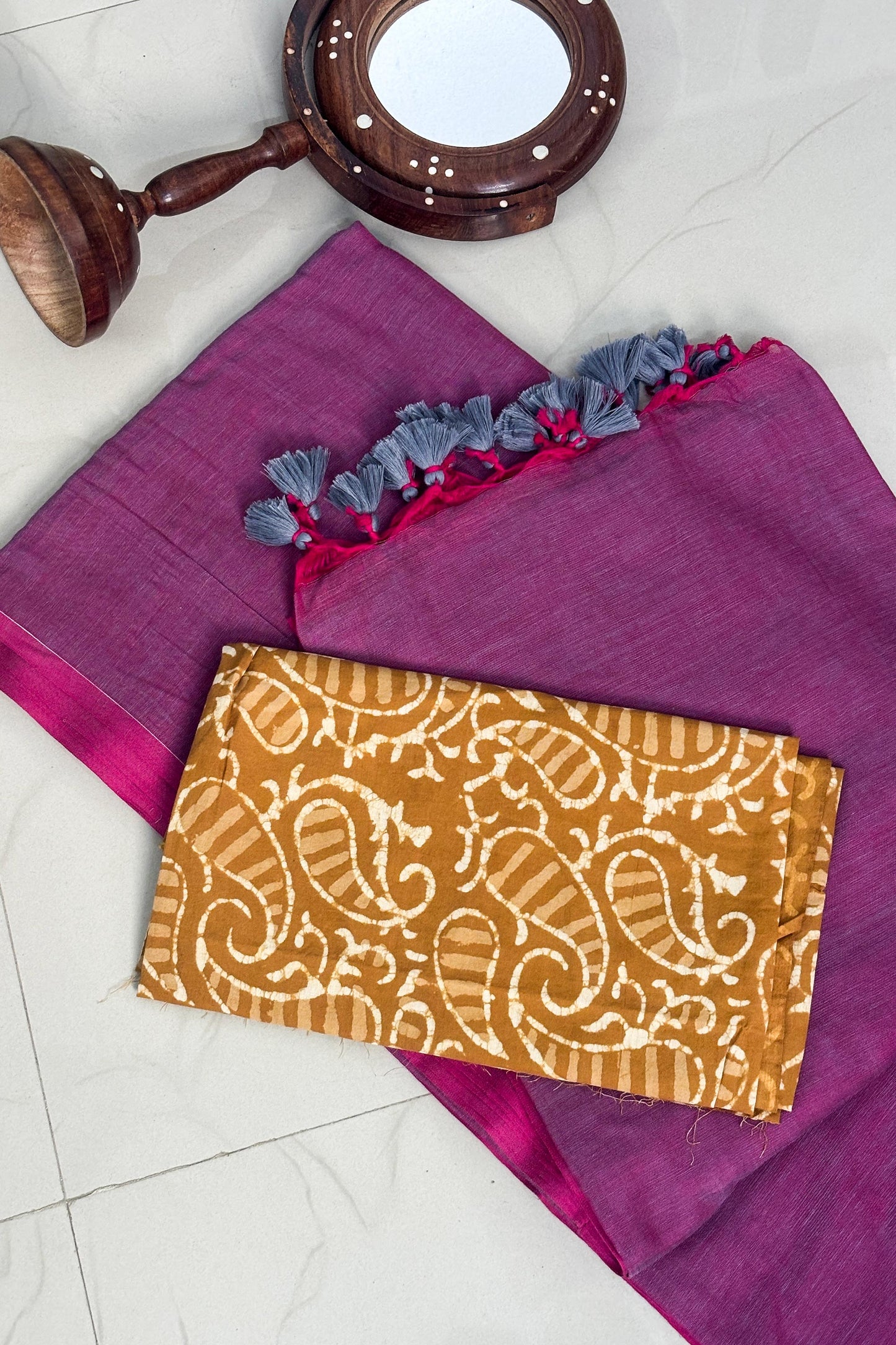 Summer Basics- Magenta saree with mustard handblock blouse