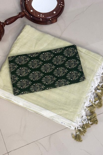 Summer Basics- Sugarcane Juice Green Saree with ForestGreen handblock blouse