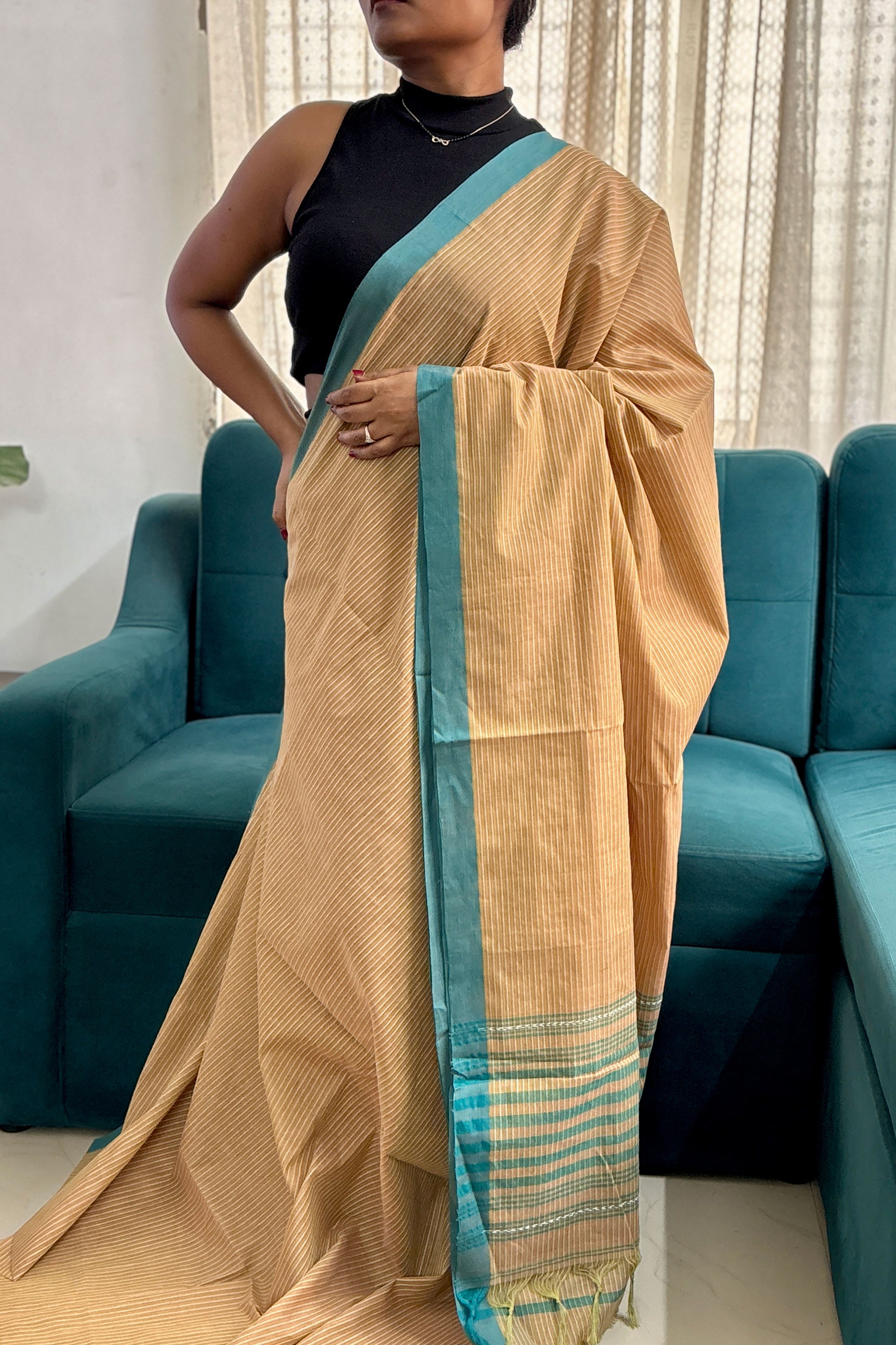 Brown White Striped Bengal Cotton Handloom Saree