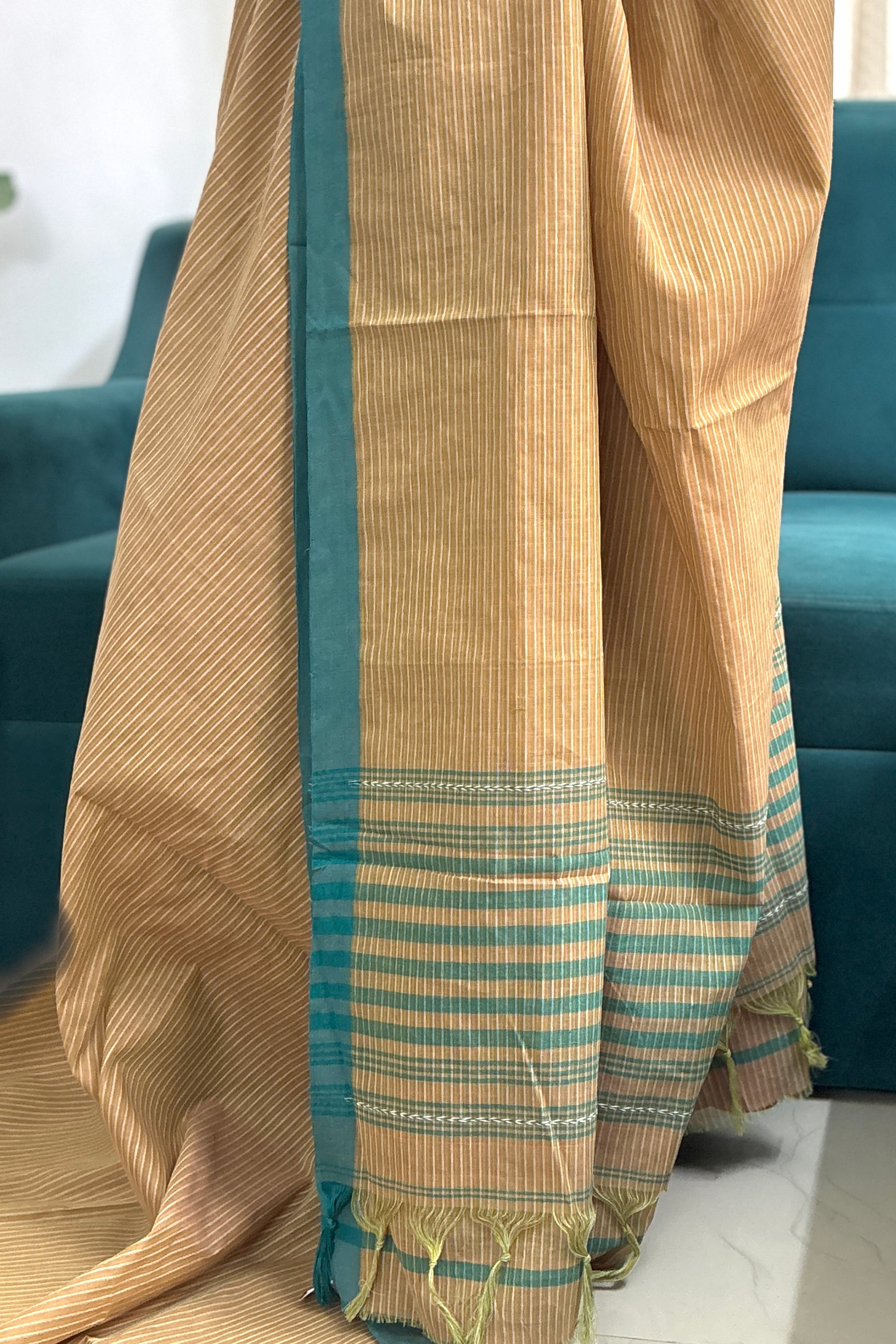 Brown White Striped Bengal Cotton Handloom Saree