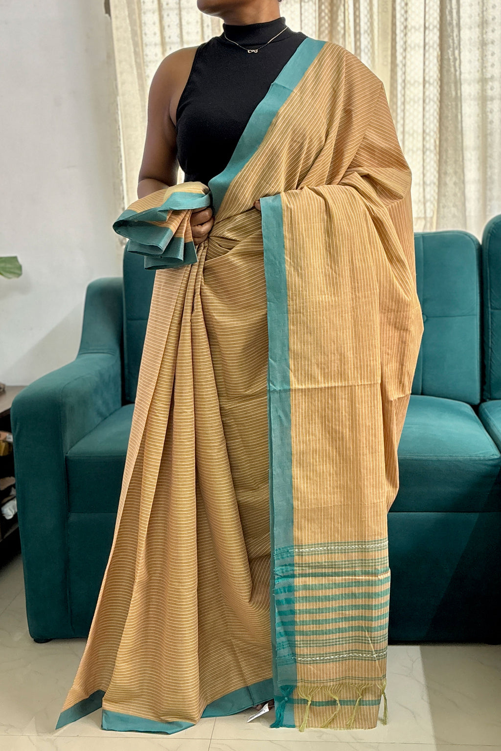 Brown White Striped Bengal Cotton Handloom Saree