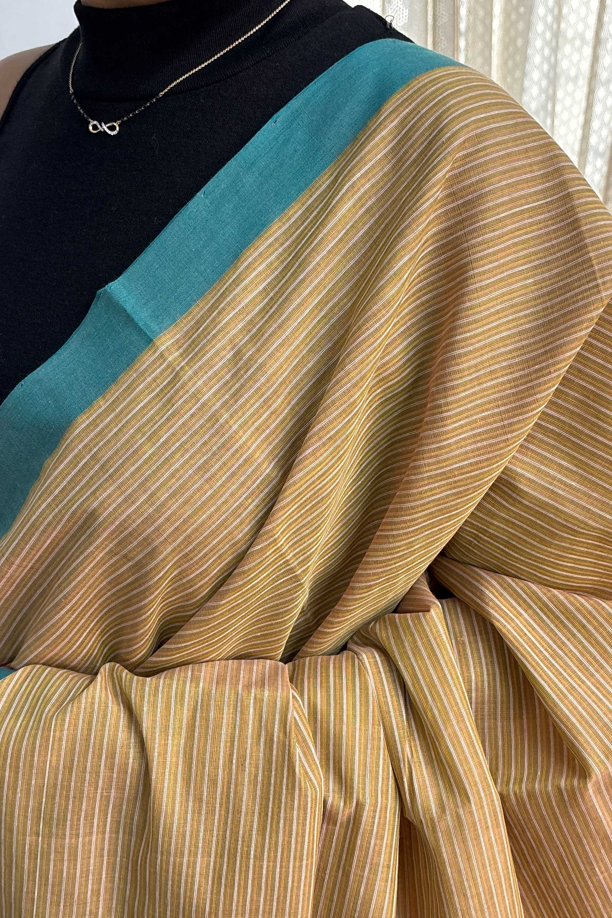 Brown White Striped Bengal Cotton Handloom Saree