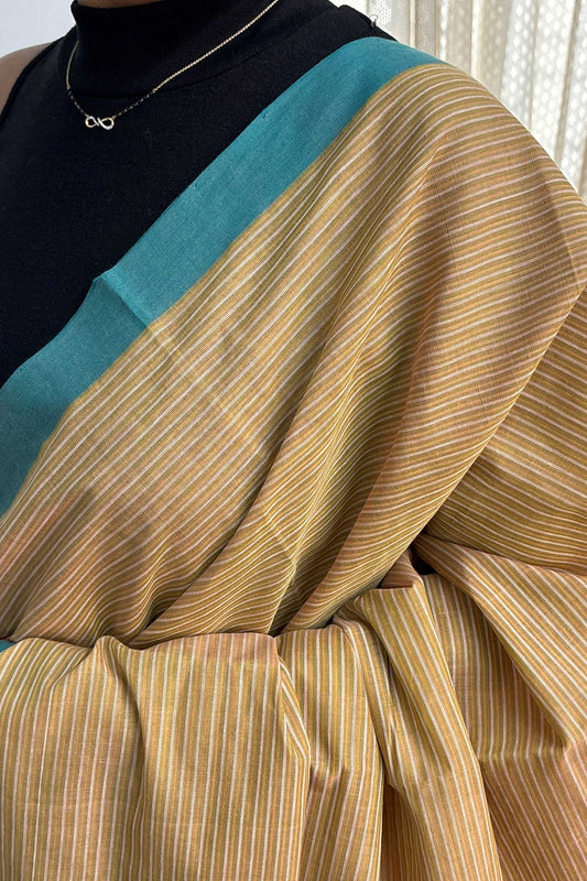 Brown White Striped Bengal Cotton Handloom Saree