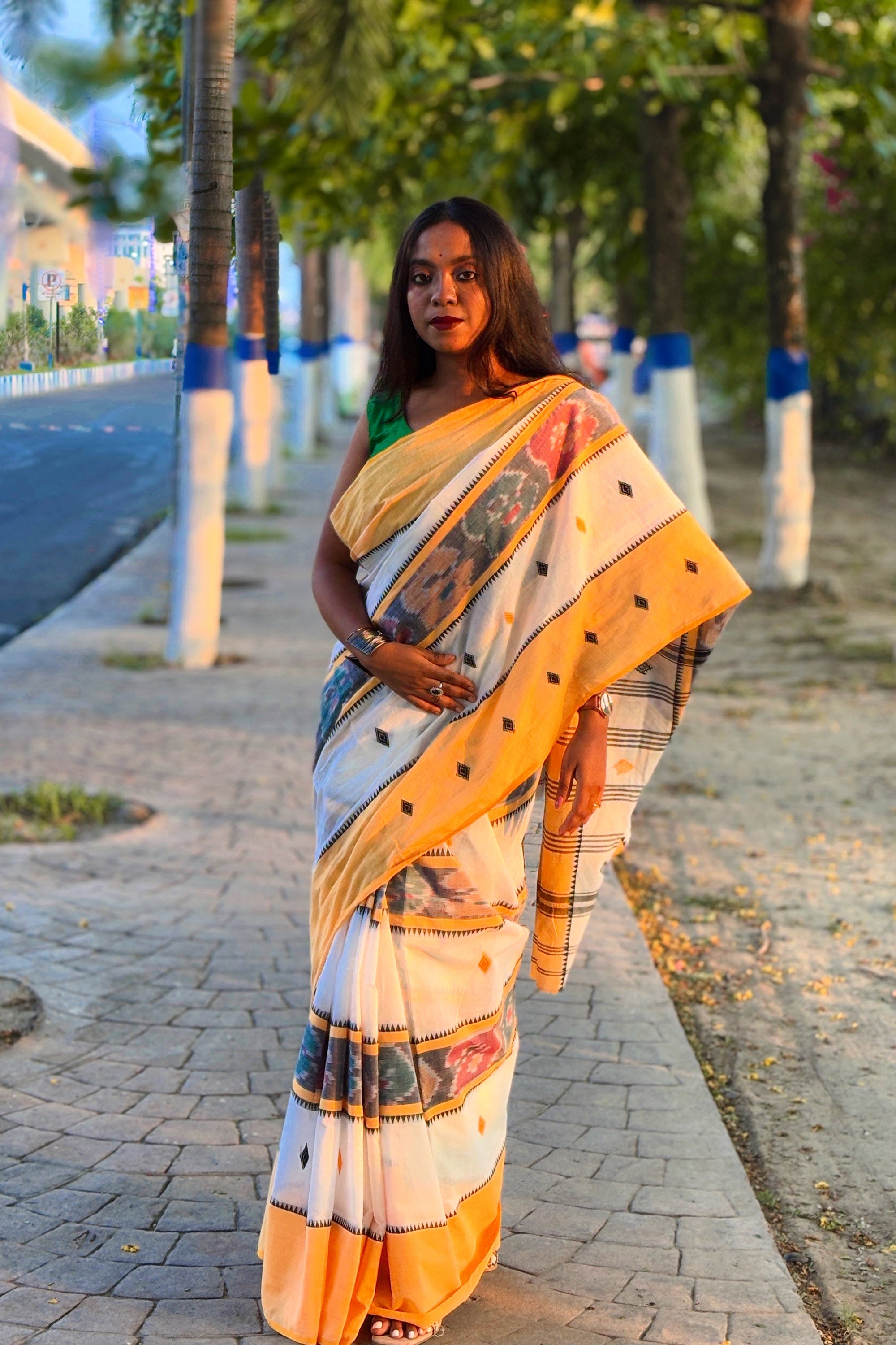 Yellow-White Ikat Woven Dhaniakhali Cotton Saree