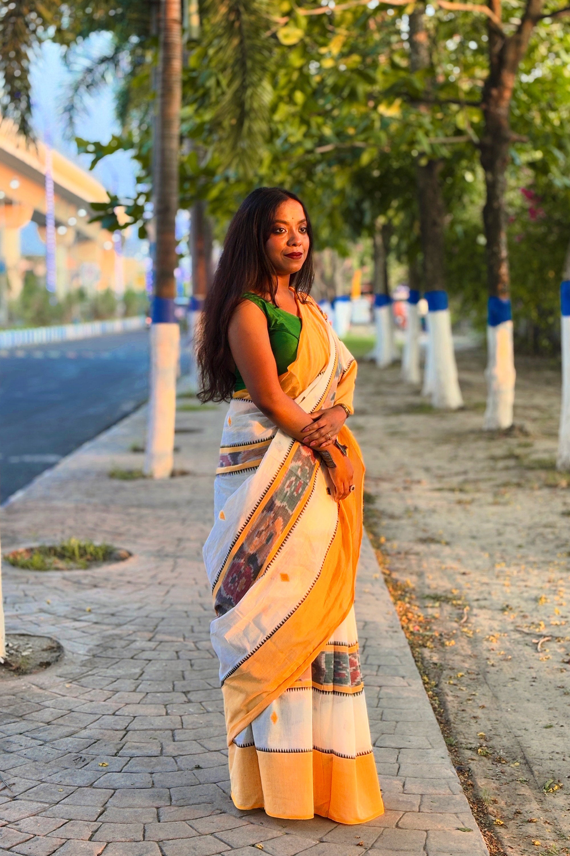 Yellow-White Ikat Woven Dhaniakhali Cotton Saree