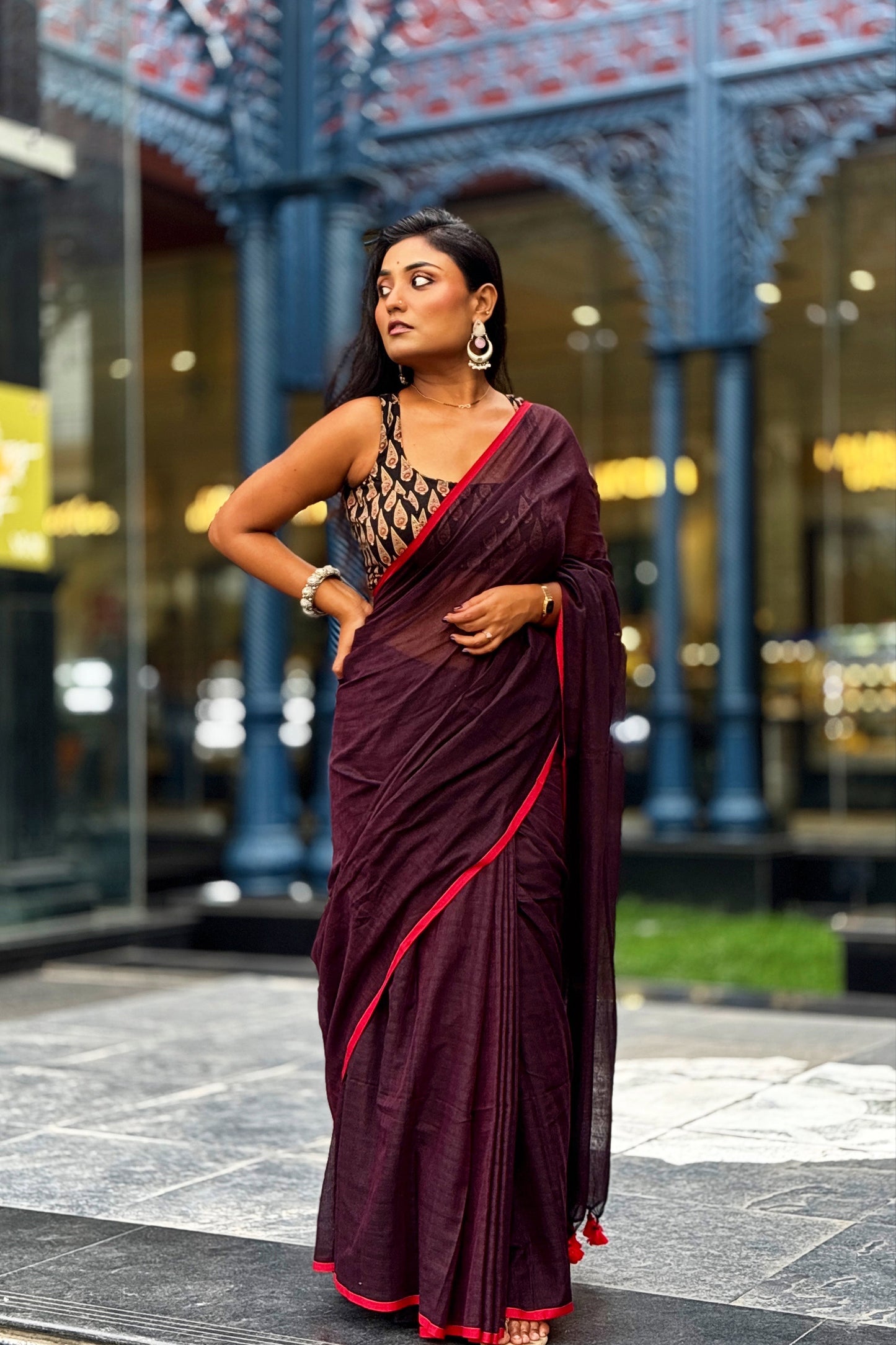 Summer Basics- Burgundy-Red Saree with Black Handblock blouse