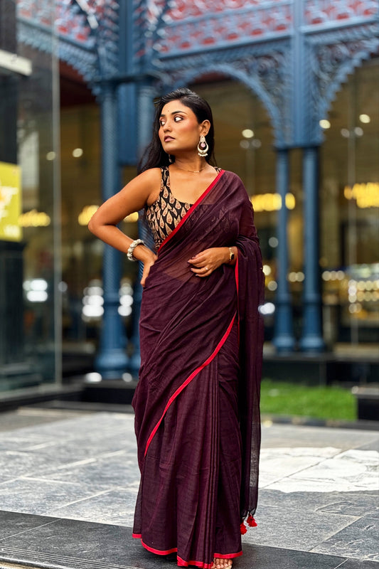 Summer Basics- Burgundy-Red Saree with Black Handblock blouse