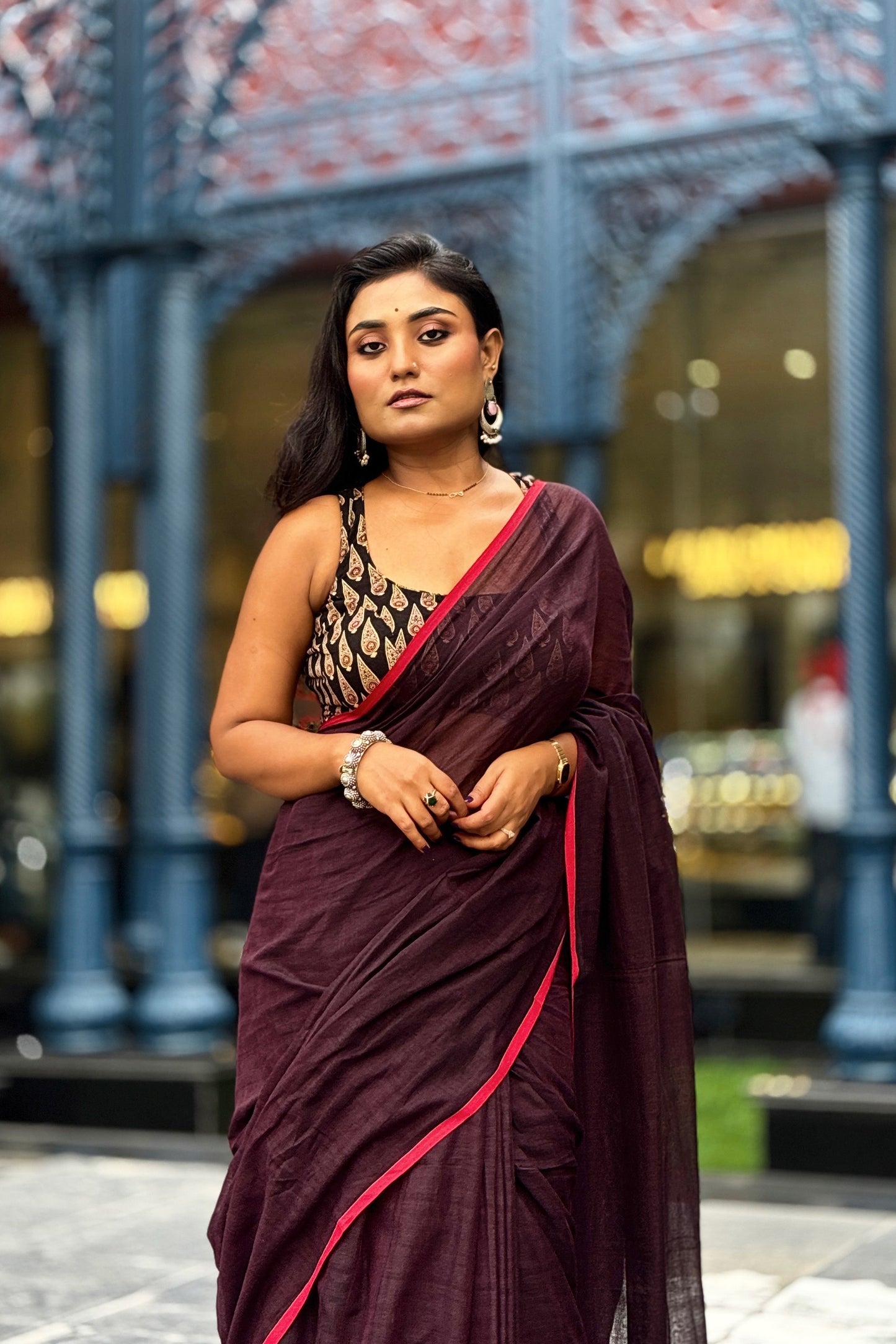 Summer Basics- Burgundy-Red Saree with Black Handblock blouse