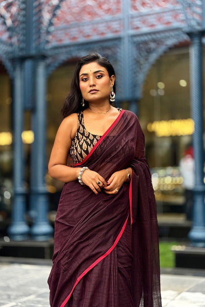 Summer Basics- Burgundy-Red Saree with Black Handblock blouse