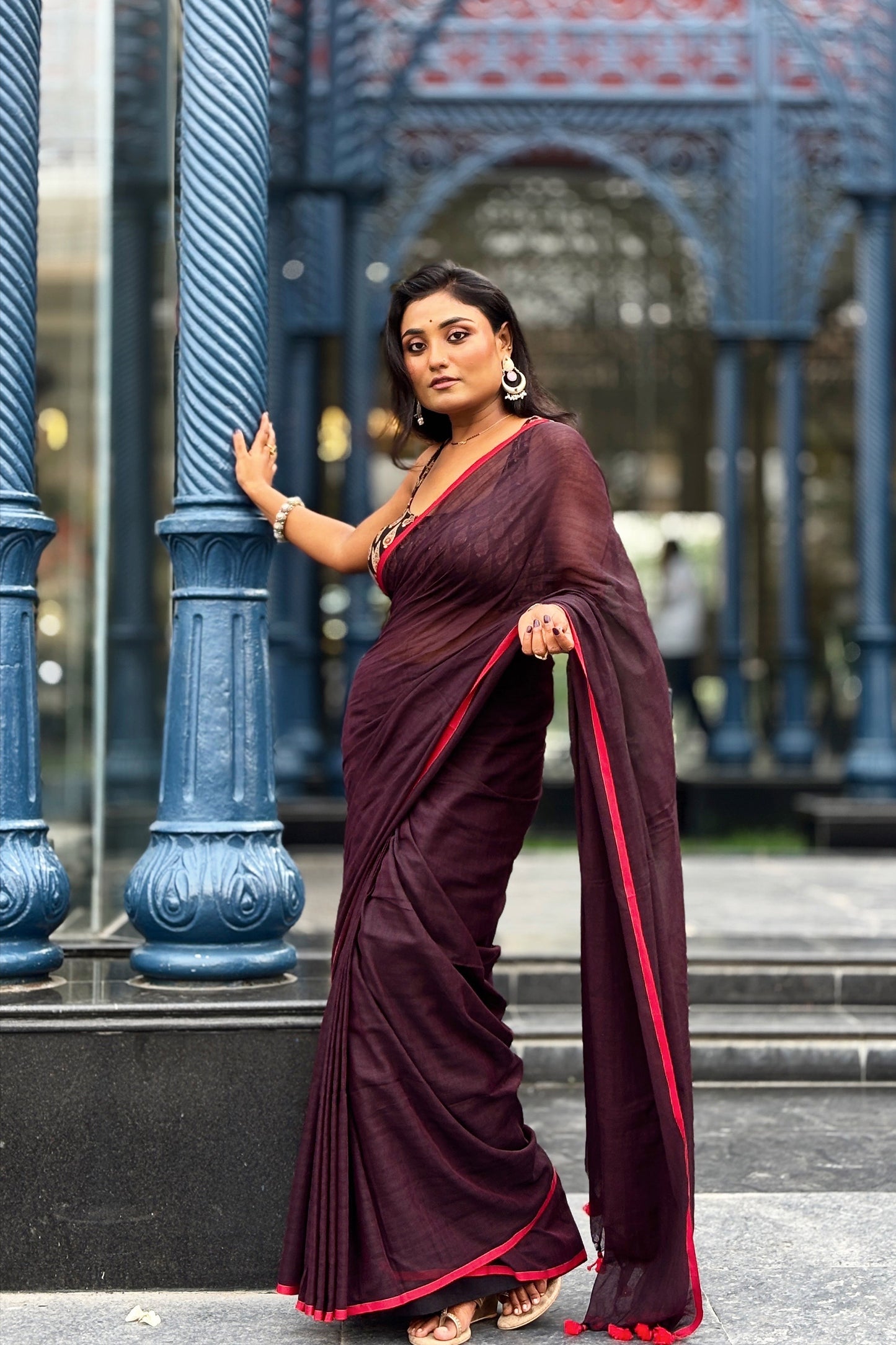 Summer Basics- Burgundy-Red Saree with Black Handblock blouse