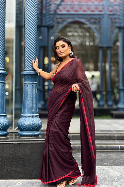 Summer Basics- Burgundy-Red Saree with Black Handblock blouse