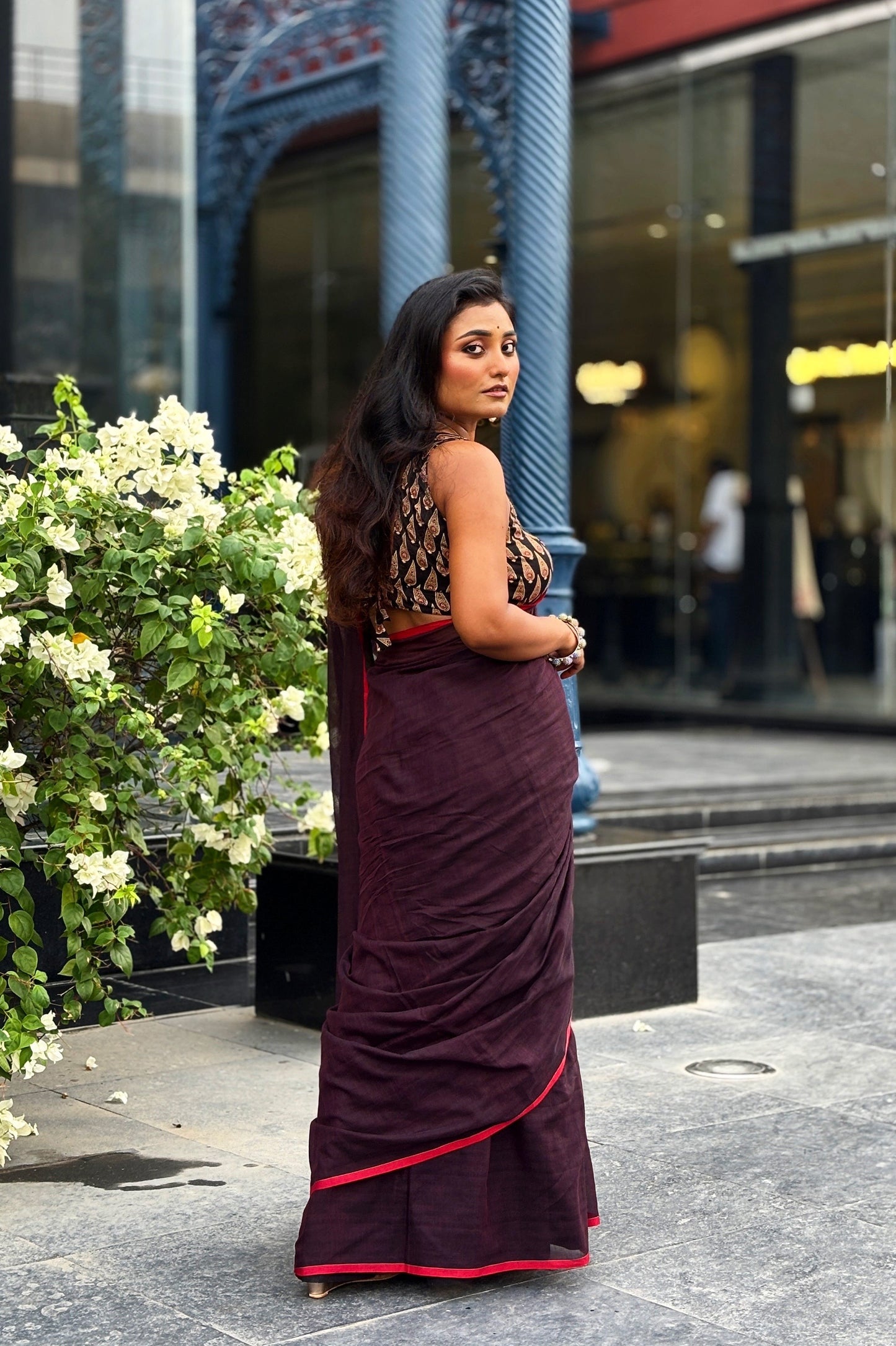 Summer Basics- Burgundy-Red Saree with Black Handblock blouse