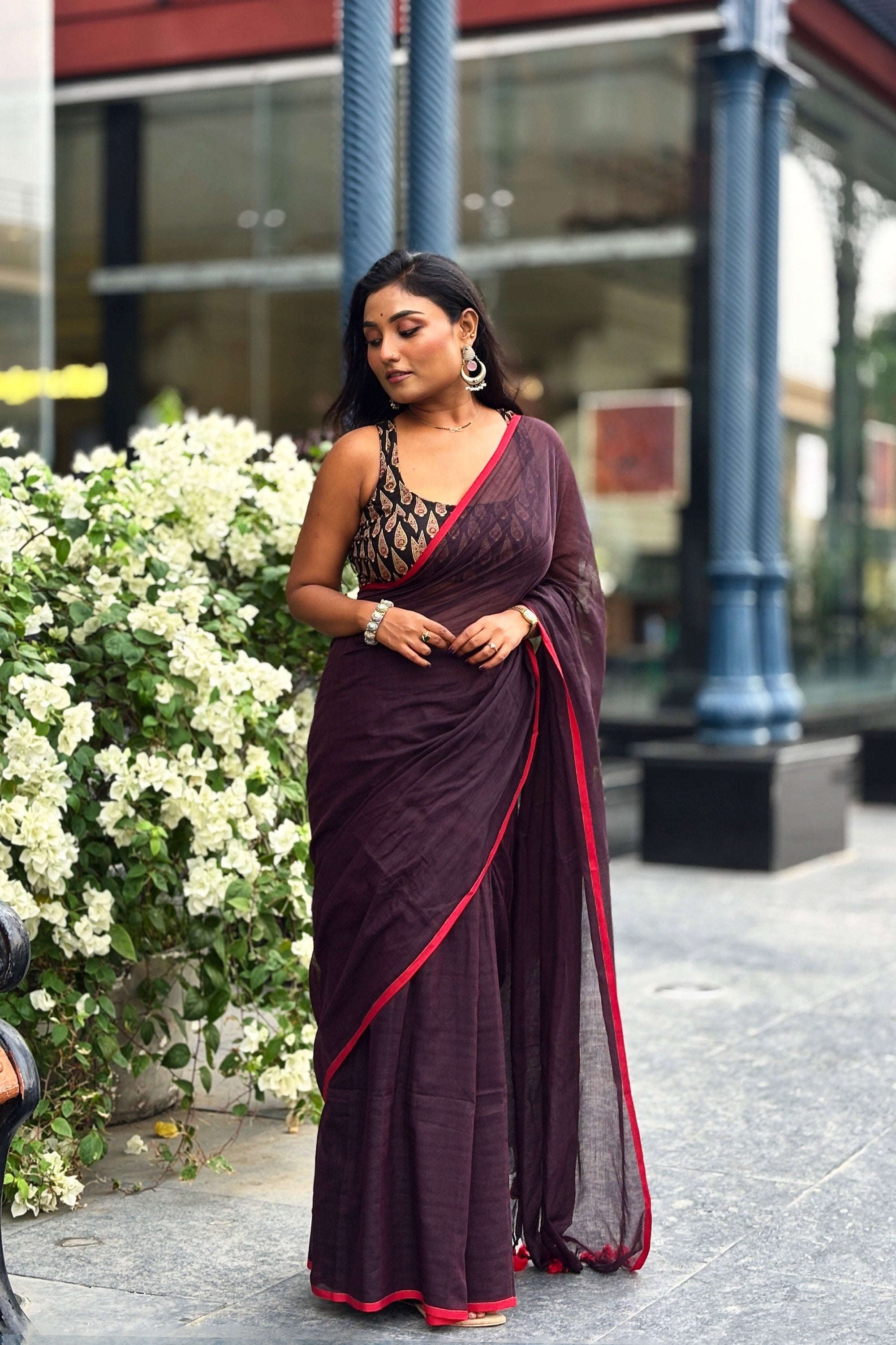 Summer Basics- Burgundy-Red Saree with Black Handblock blouse