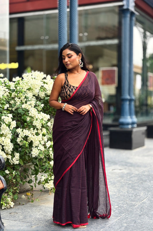 Summer Basics- Burgundy-Red Saree with Black Handblock blouse