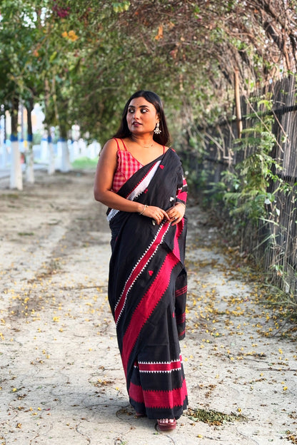 Black Love Woven Dhaniakhali Cotton Saree with Red Saree