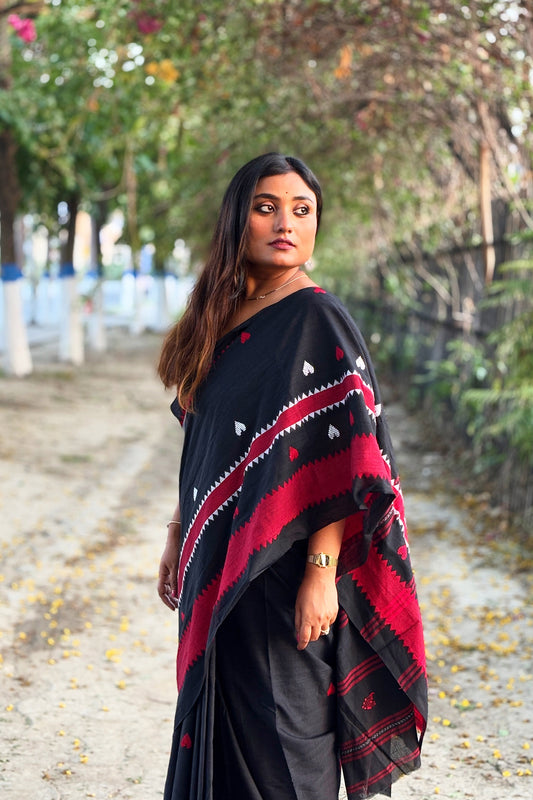Black Love Woven Dhaniakhali Cotton Saree with Red Saree