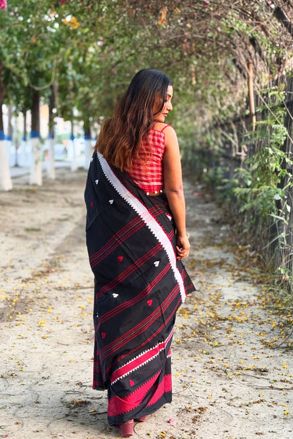 Black Love Woven Dhaniakhali Cotton Saree with Red Saree