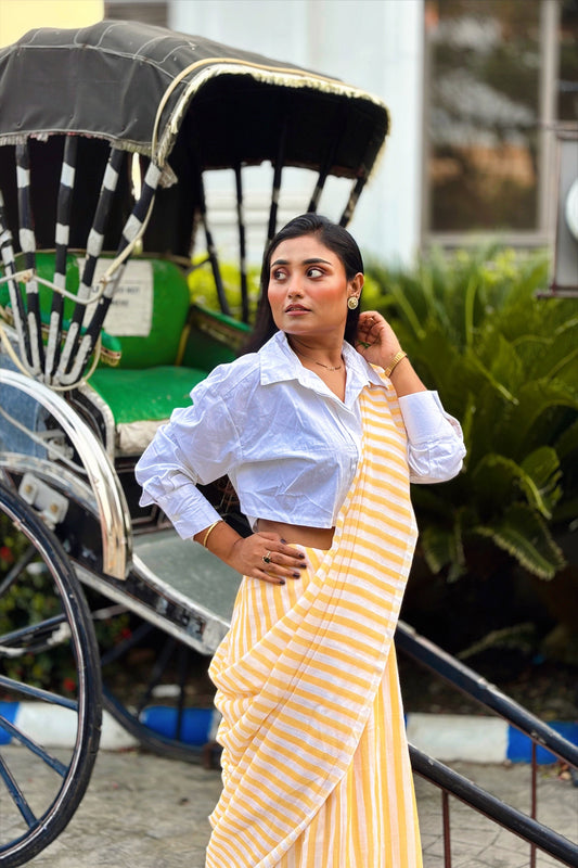 Summer Pops- Yellow and White stripes with Jamdani Woven Pallu