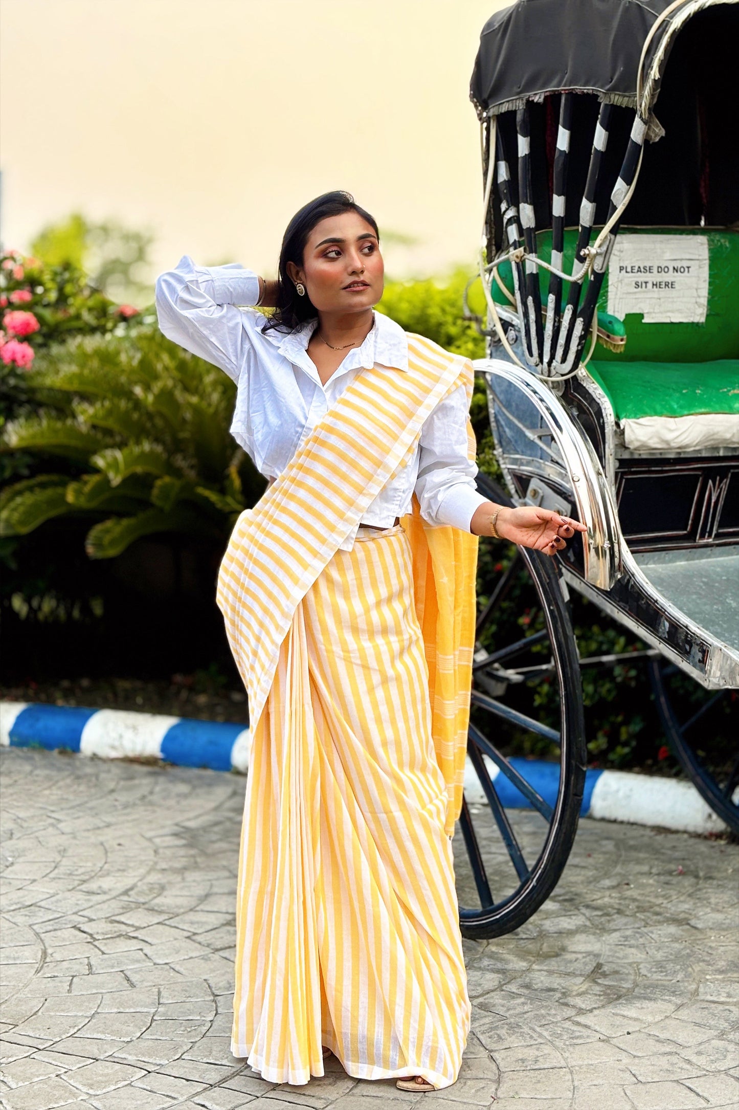 Summer Pops- Yellow and White stripes with Jamdani Woven Pallu