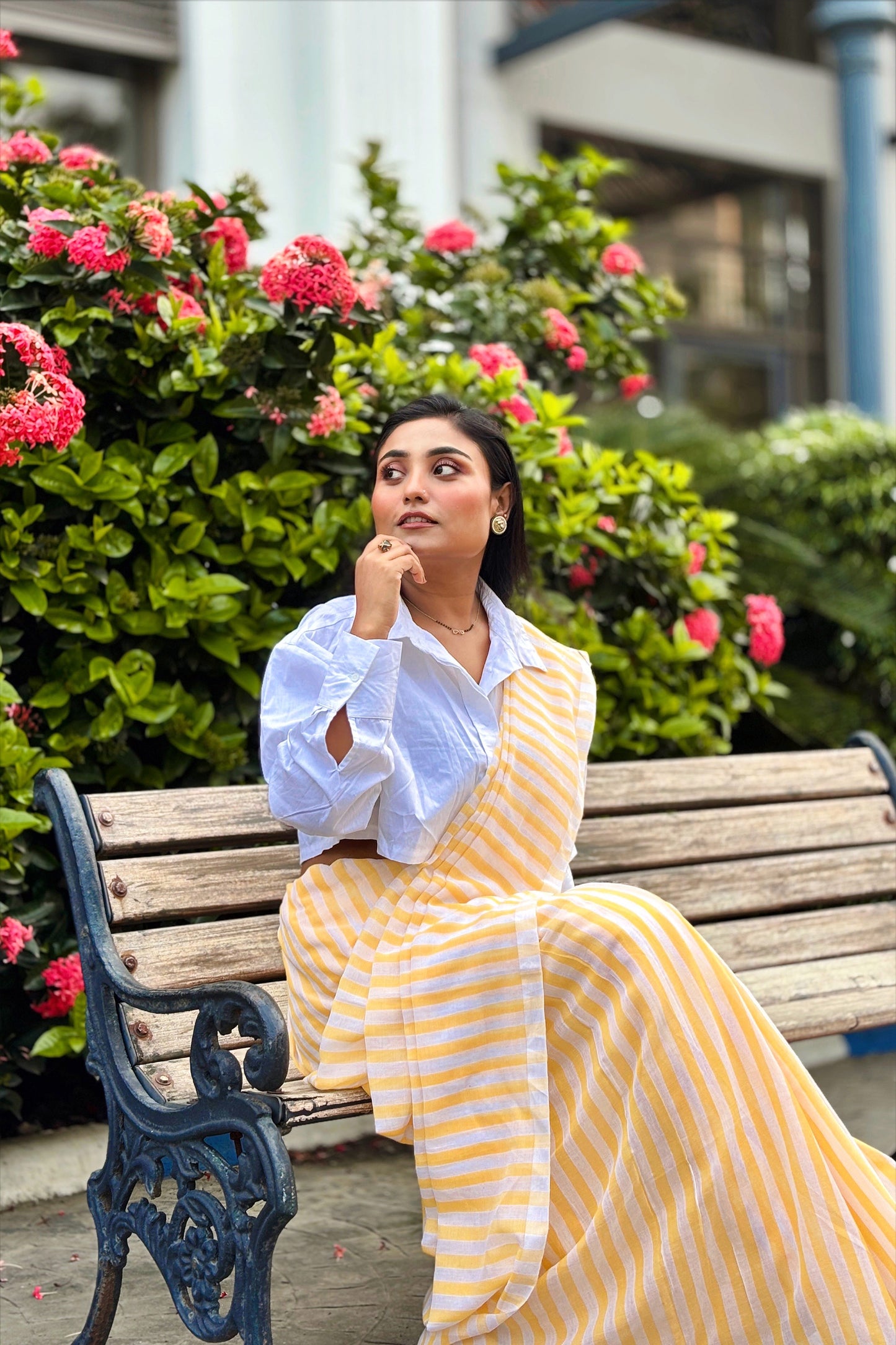 Summer Pops- Yellow and White stripes with Jamdani Woven Pallu