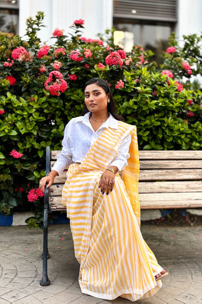 Summer Pops- Yellow and White stripes with Jamdani Woven Pallu