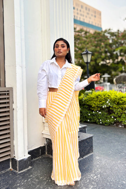 Summer Pops- Yellow and White stripes with Jamdani Woven Pallu