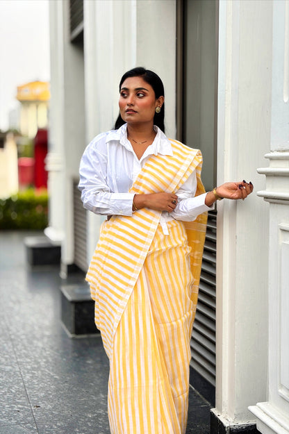 Summer Pops- Yellow and White stripes with Jamdani Woven Pallu