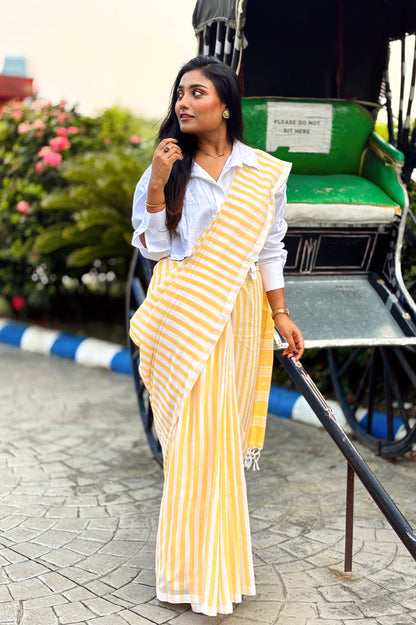 Summer Pops- Yellow and White stripes with Jamdani Woven Pallu