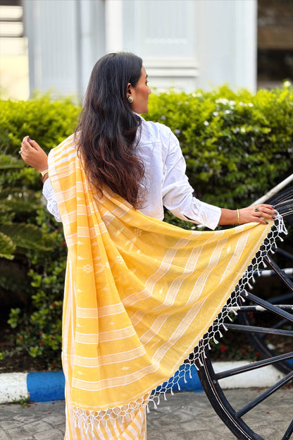 Summer Pops- Yellow and White stripes with Jamdani Woven Pallu