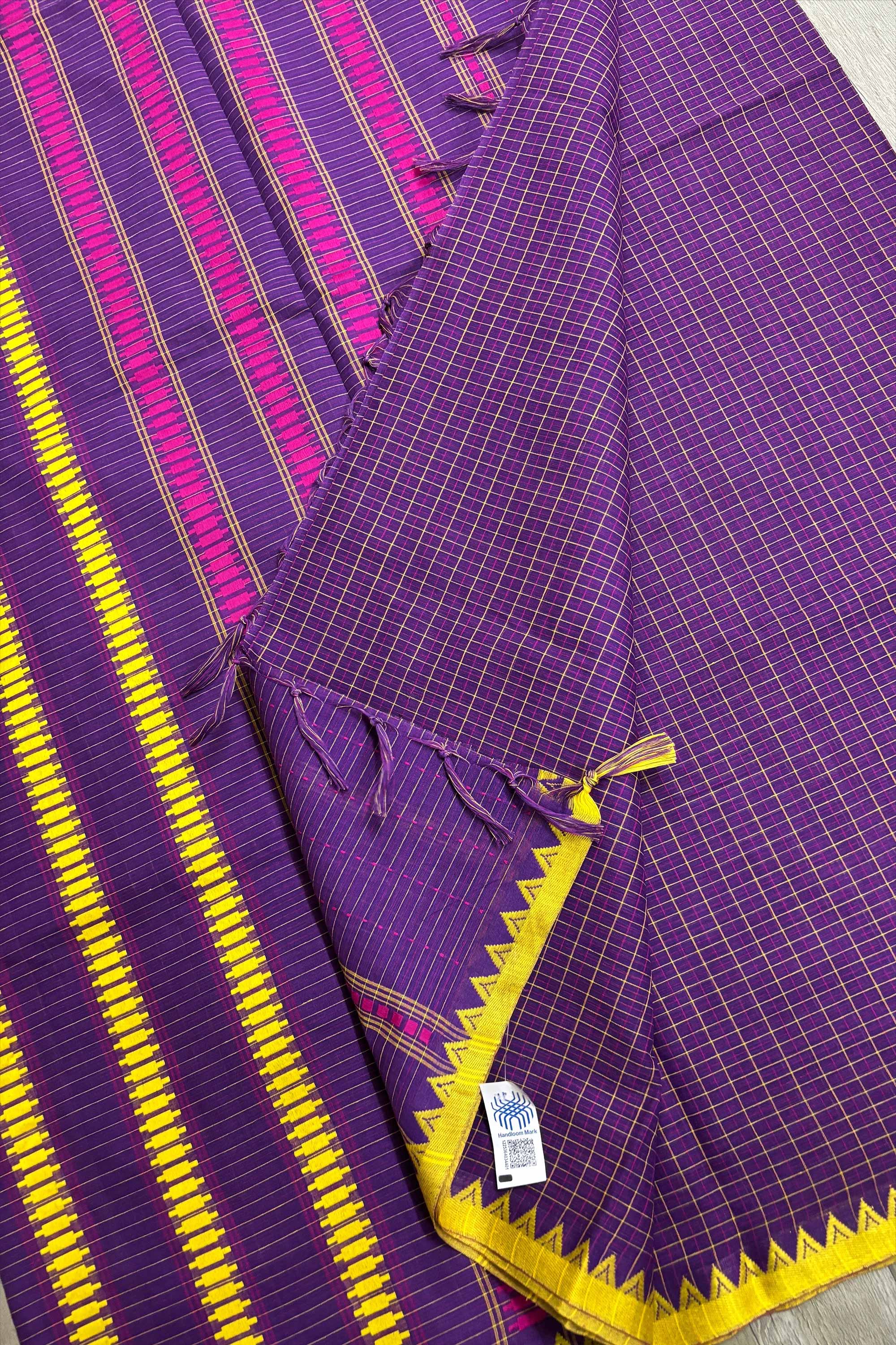 Jamun Check Bengal Cotton Saree with Ganga- Jamuna Woven Borders