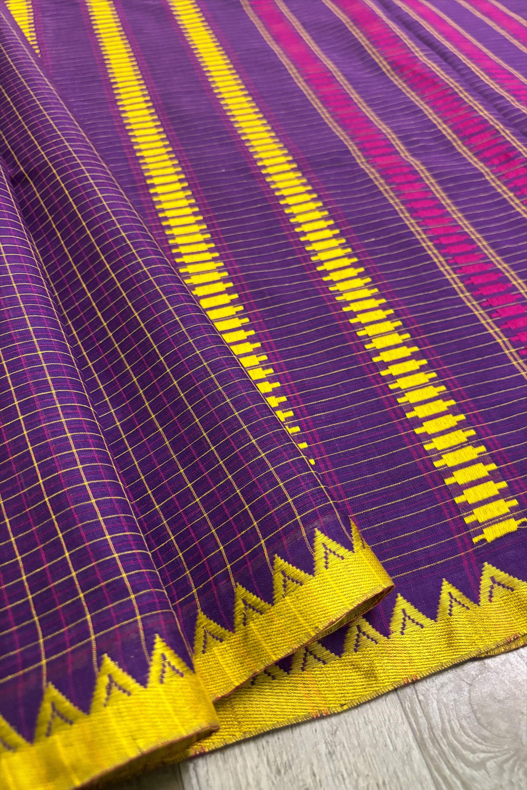 Jamun Check Bengal Cotton Saree with Ganga- Jamuna Woven Borders