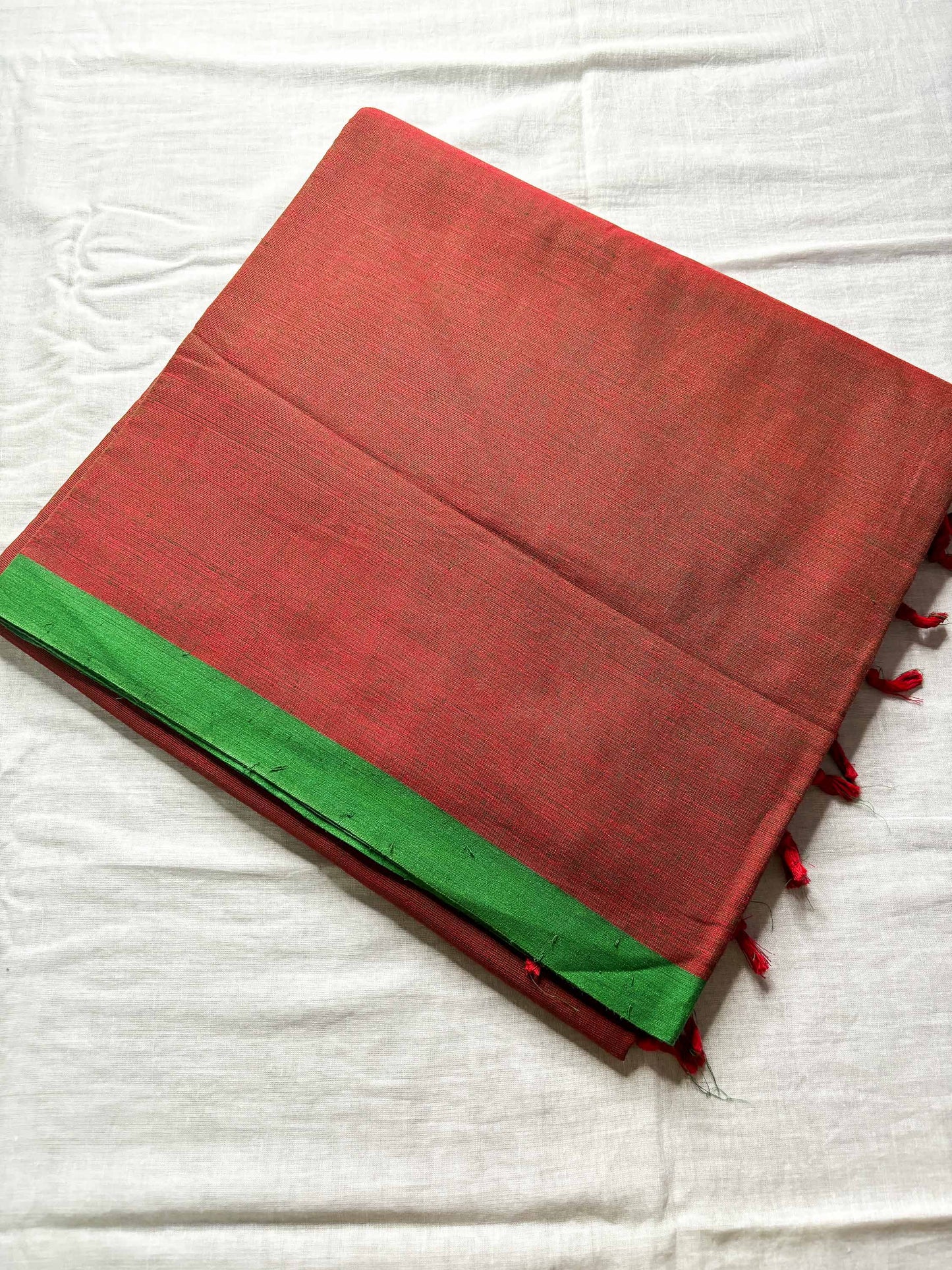 Brick Red Cotton Saree with Ganga Jamuna Borders