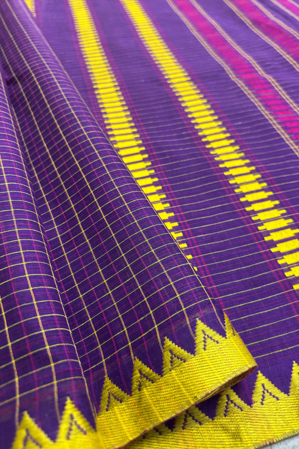 Jamun Check Bengal Cotton Saree with Ganga- Jamuna Woven Borders