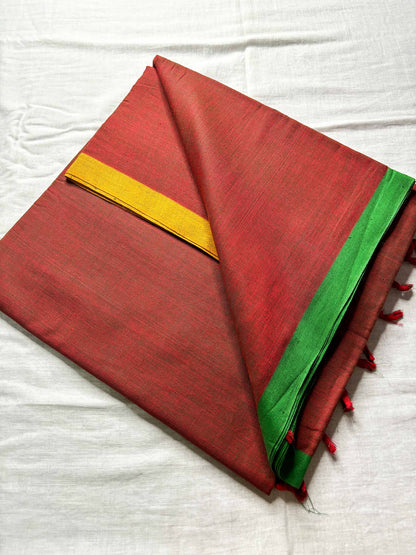 Brick Red Cotton Saree with Ganga Jamuna Borders