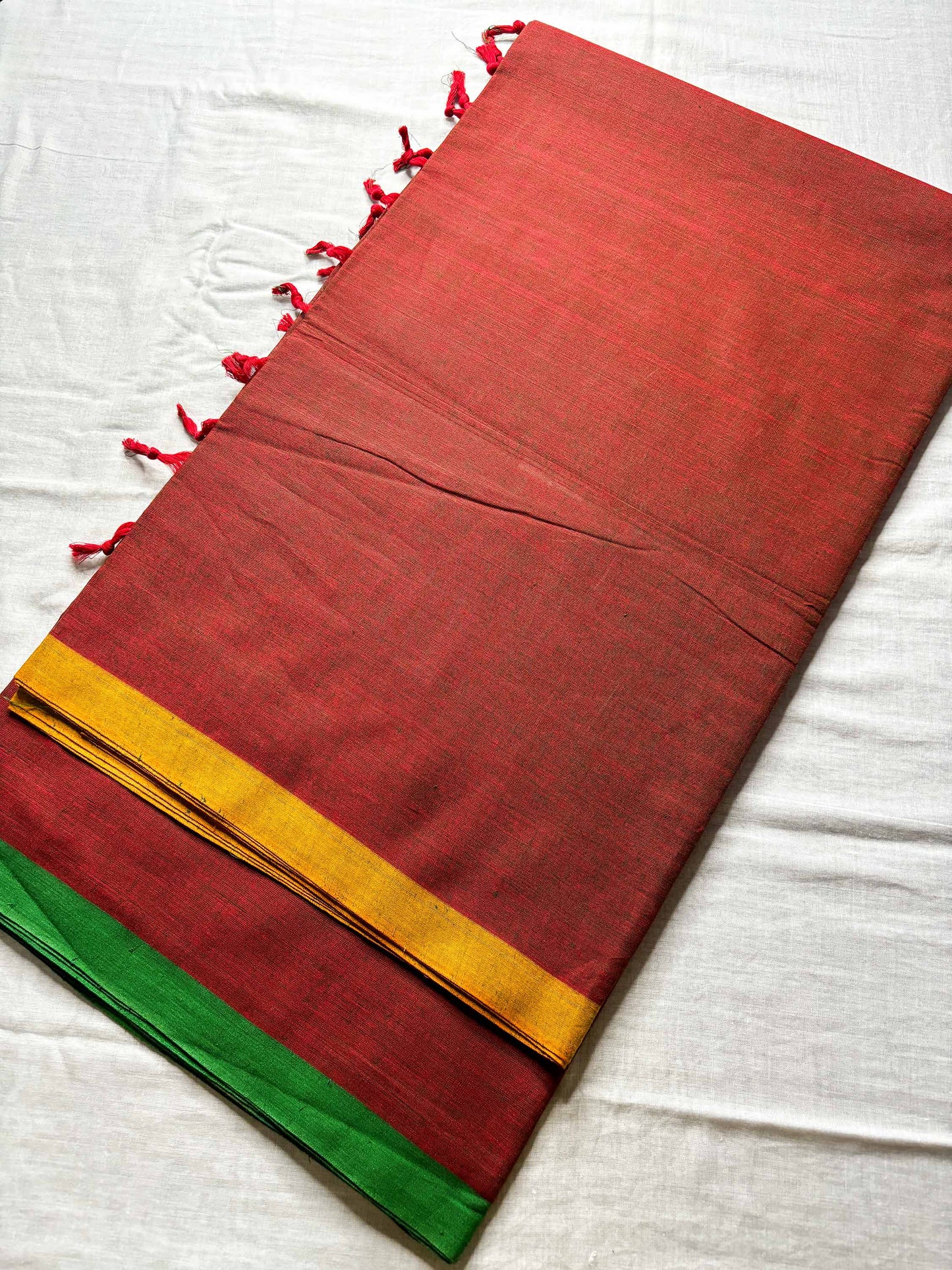 Brick Red Cotton Saree with Ganga Jamuna Borders