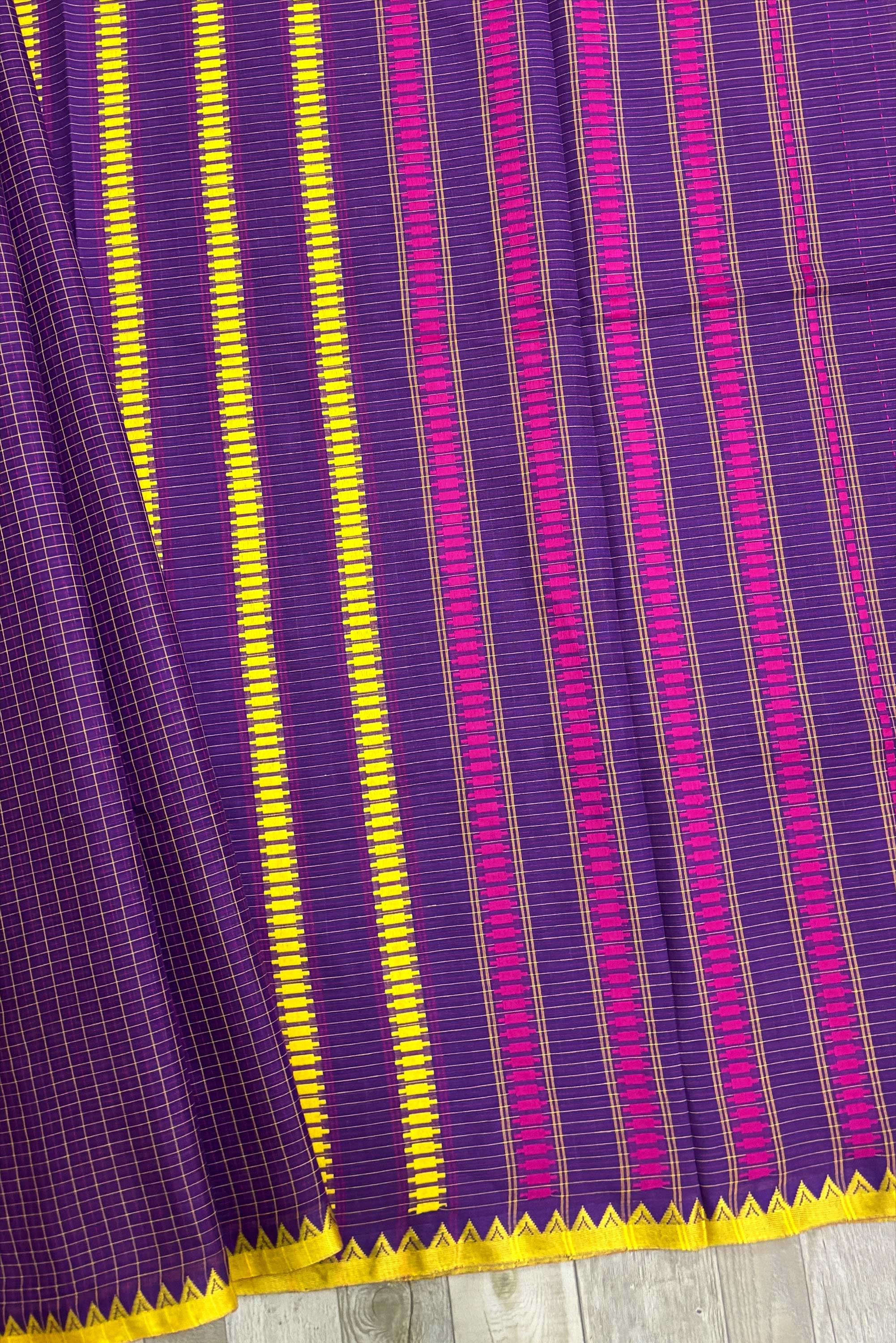 Jamun Check Bengal Cotton Saree with Ganga- Jamuna Woven Borders