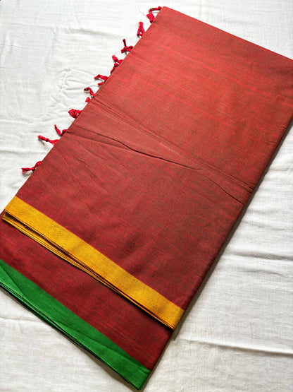 Brick Red Cotton Saree with Ganga Jamuna Borders