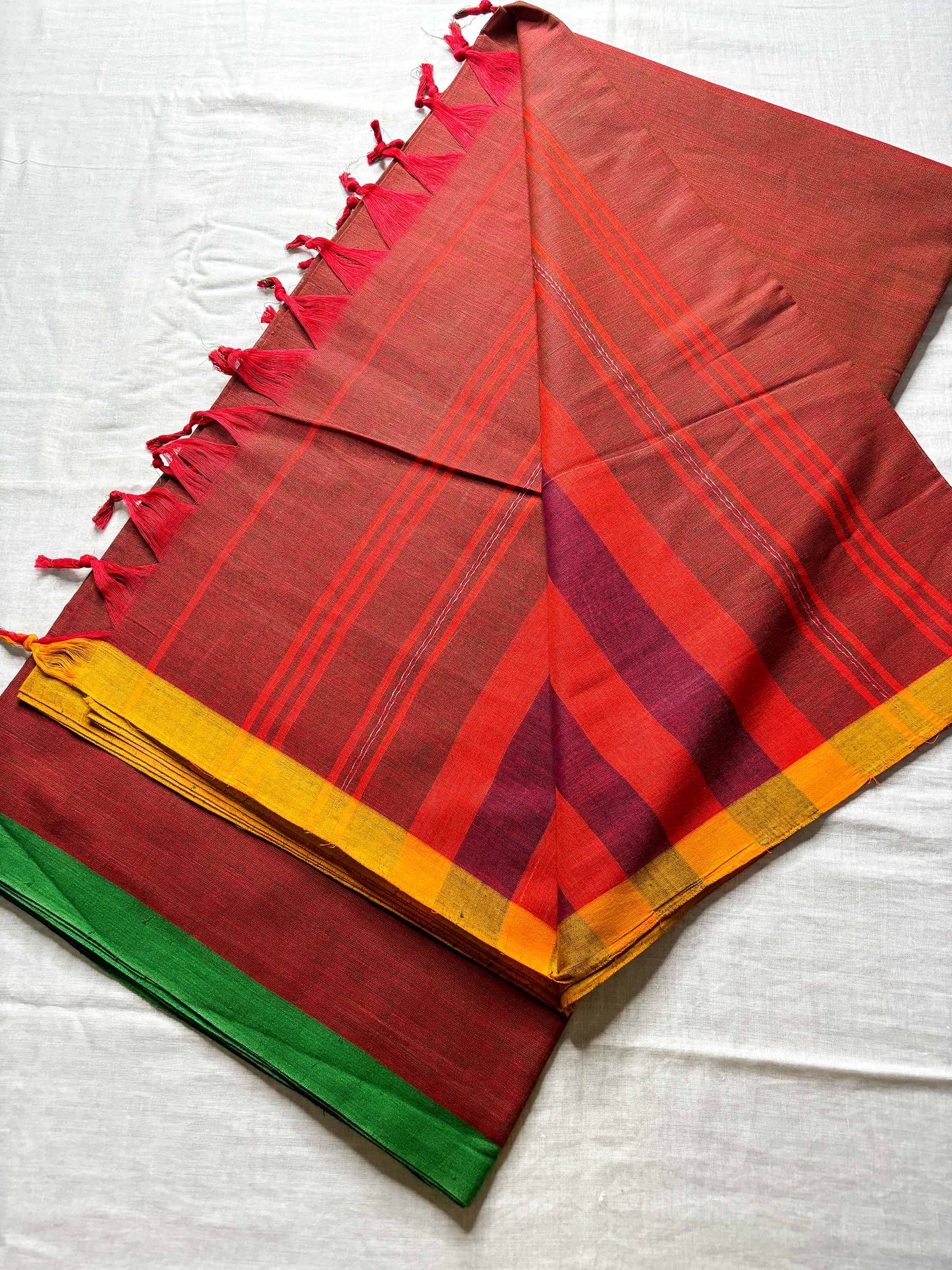 Brick Red Cotton Saree with Ganga Jamuna Borders