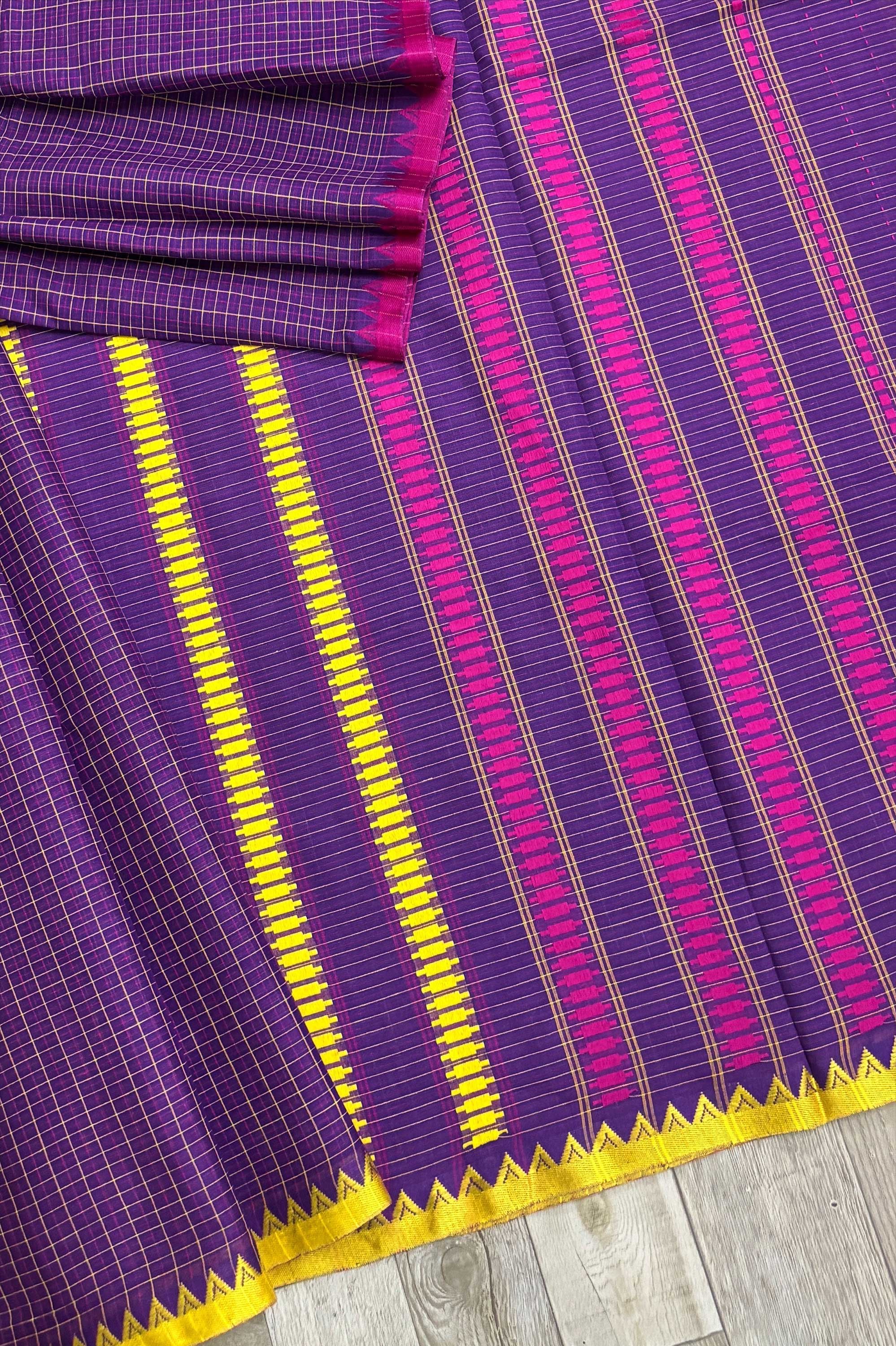 Jamun Check Bengal Cotton Saree with Ganga- Jamuna Woven Borders