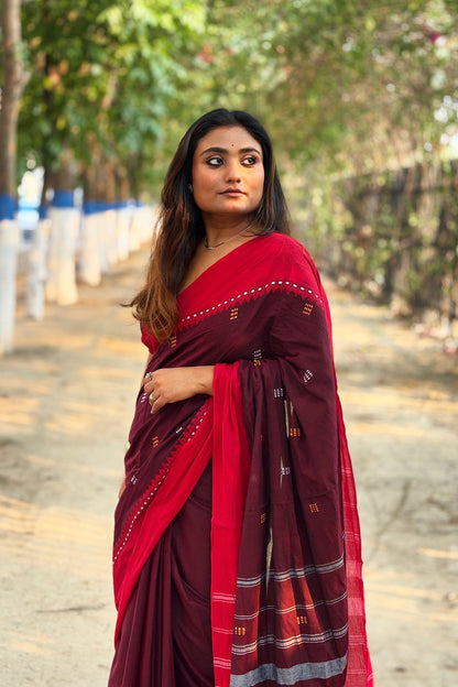 Burgundy Dhaniakhali Cotton Saree with Red Border