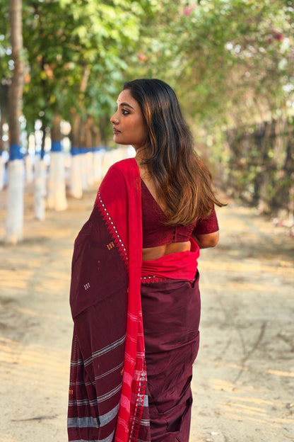 Burgundy Dhaniakhali Cotton Saree with Red Border